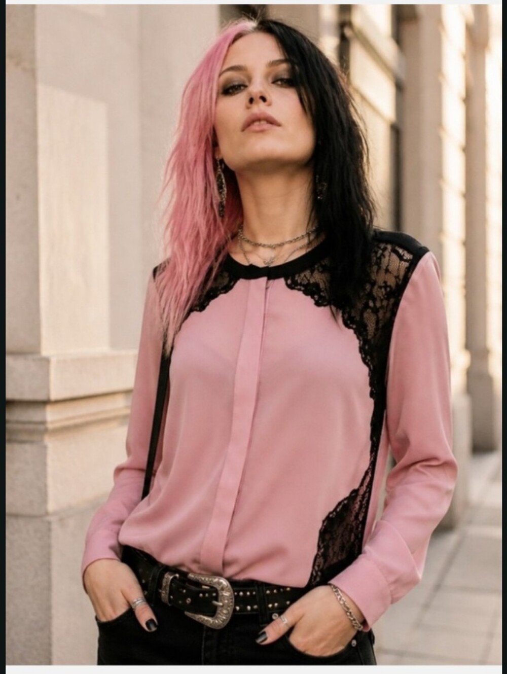 Lace-Trim Pink Long-Sleeve Blouse